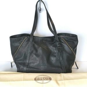 FOSSIL Issue 1954 Black Leather Expandable Side Zip Tote Bag